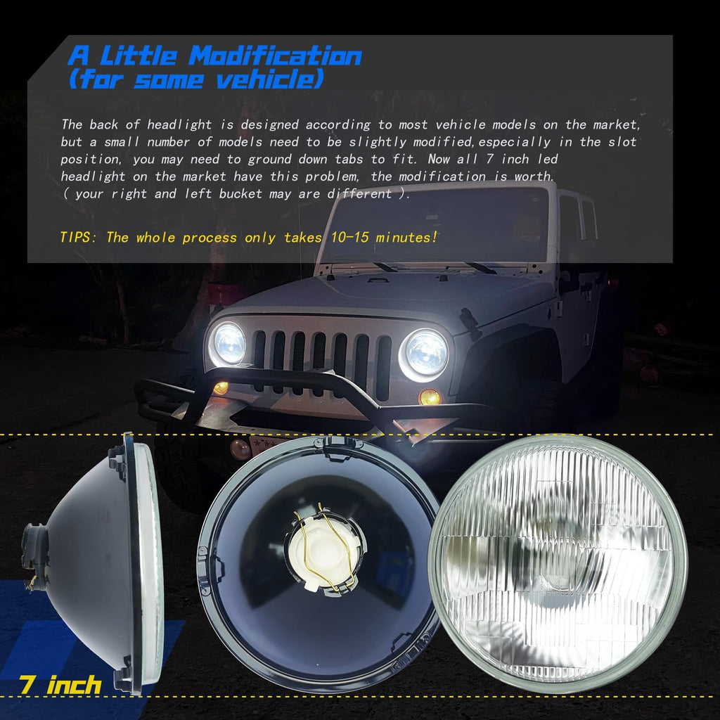gigididi LED Light Bulbs,7 Inch led Glass Headlight Round Lens Housing+H4/9003 High&Low Beam Bulbs, 6000K Clear Lens 7 Inch H6024 Round Headlight Sealed,4PCS