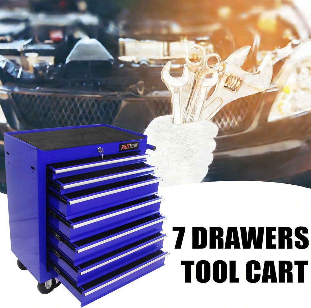7-Drawer Tool Cart on Wheels, Drawers Rolling Tool Chest with Key Lock, Mobile Trolley Organizer Tools Box with Locking Wheels & Ball Bearing Drawers for Garage,Repair Shop (Blue)