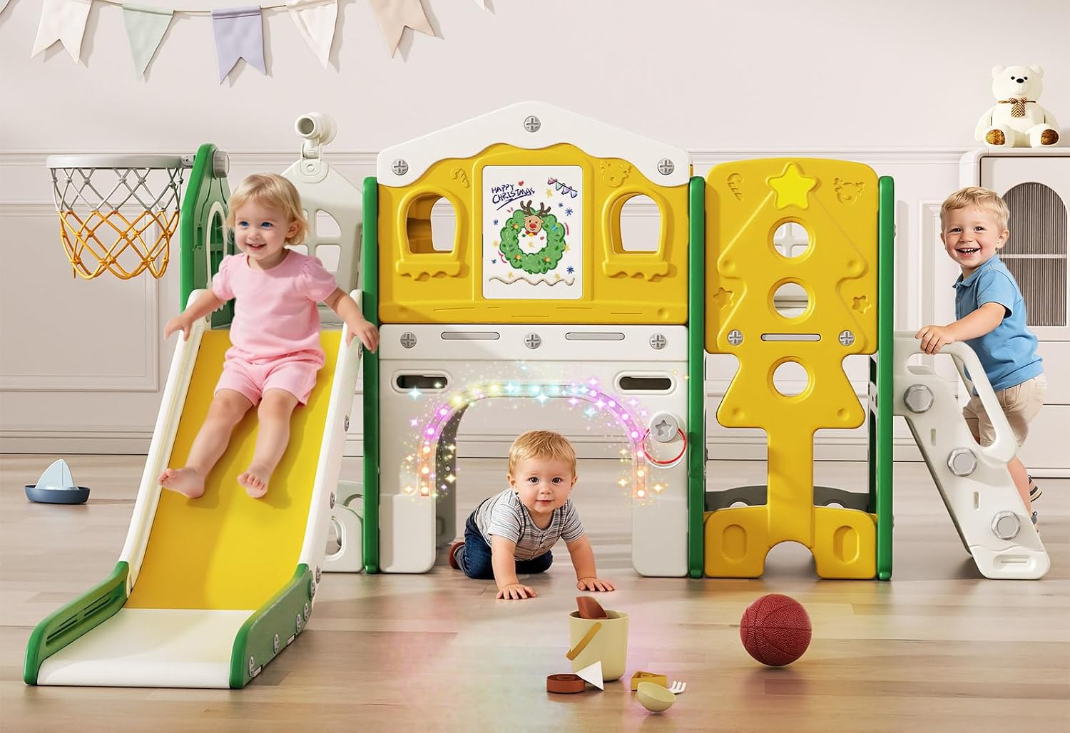 BIERUM 10 in 1 Toddler Slide Set - Baby Slide for Toddlers 1-3 with Colorful Lights, Drawing Board and Building Blocks Board, Indoor Outdoor Toddler Playset Playground, Green Yellow