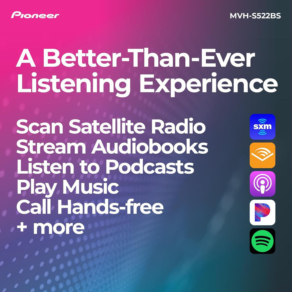 Pioneer MVH-S522BS 1-Din Digital Media Receiver – Bluetooth, SiriusXM, Color Change, USB, FLAC, Voice Control, 50W x 4 Output, 13-Band EQ, AM/FM Radio, iPhone/Android Compatible, Hi-Volt RCA Preouts