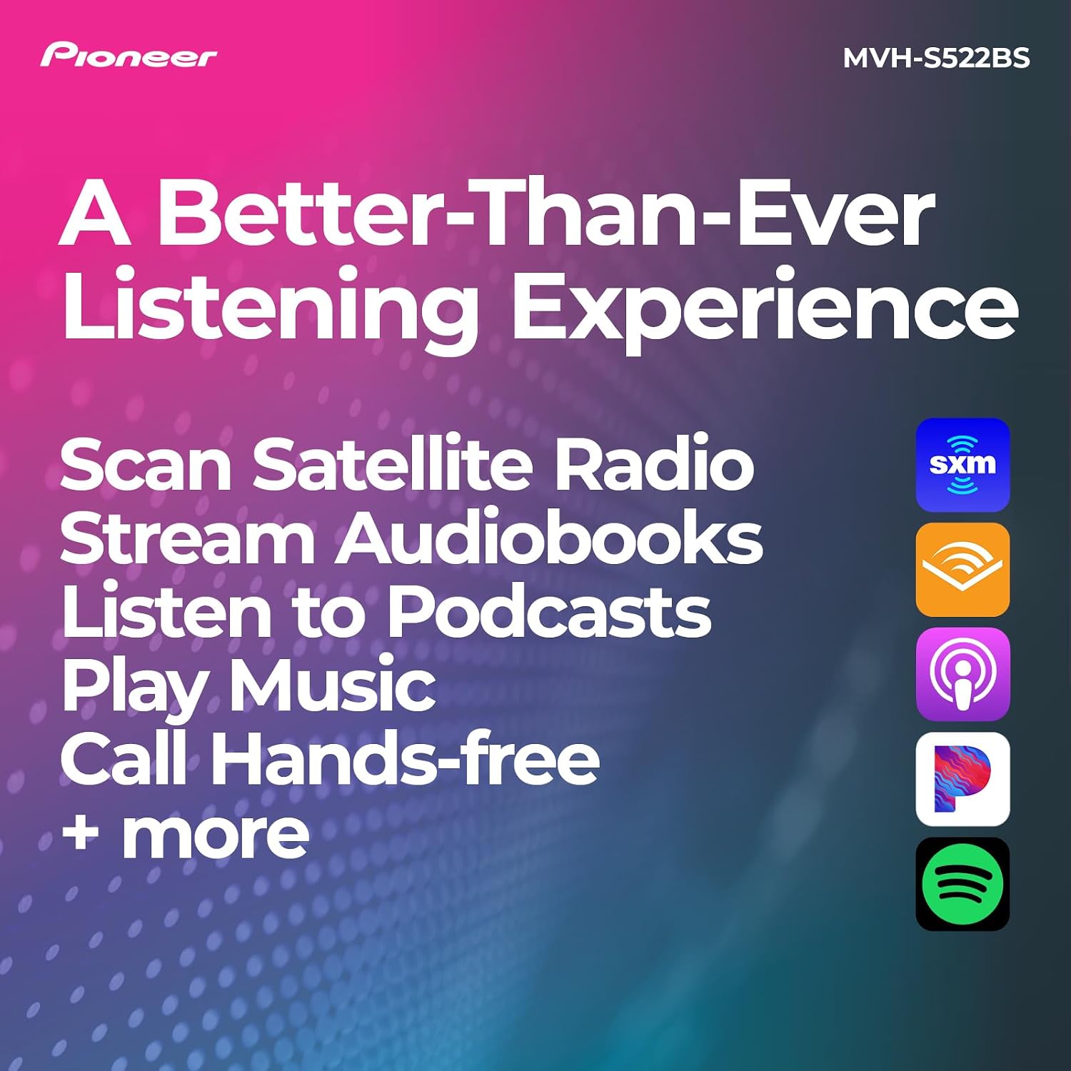 Pioneer MVH-S522BS 1-Din Digital Media Receiver – Bluetooth, SiriusXM, Color Change, USB, FLAC, Voice Control, 50W x 4 Output, 13-Band EQ, AM/FM Radio, iPhone/Android Compatible, Hi-Volt RCA Preouts
