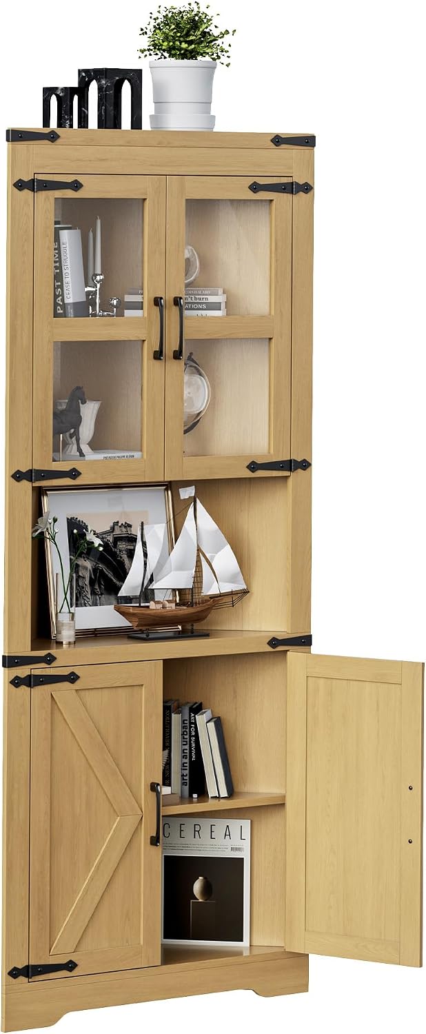GarveeHome 67' Tall Corner Storage Cabinet, Farmhouse Corner Hutch Display Cabinet with Glass Doors, Wooden Storage Organizer for Kitchen, Living Room, Bathroom, Natural