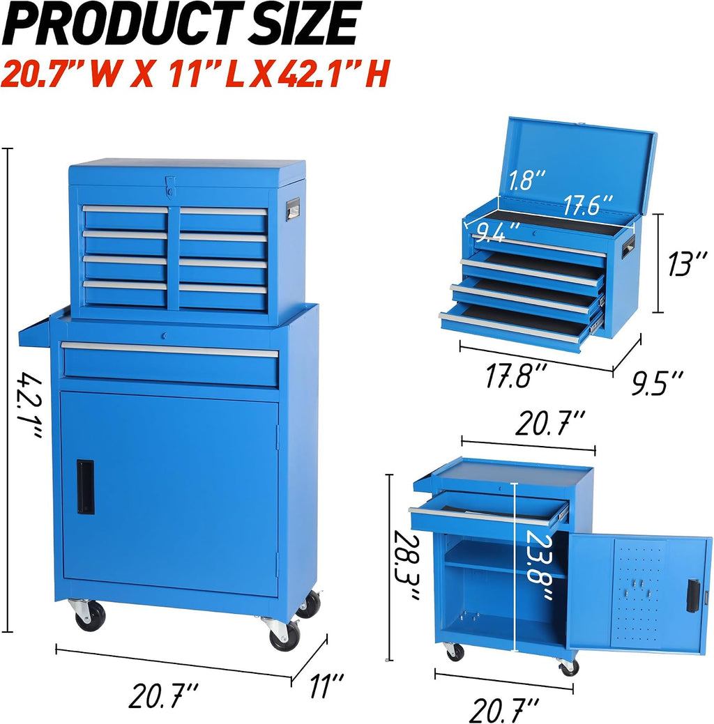 5-Drawer Rolling Tool Storage Chest Cabinet with Detachable Top Tool Box, Liner, Universal Lockable Wheels,37.6'x 20.7'x 11' Expandable, Locking Mechanism, Metal Tool Cart for Garage Workshop