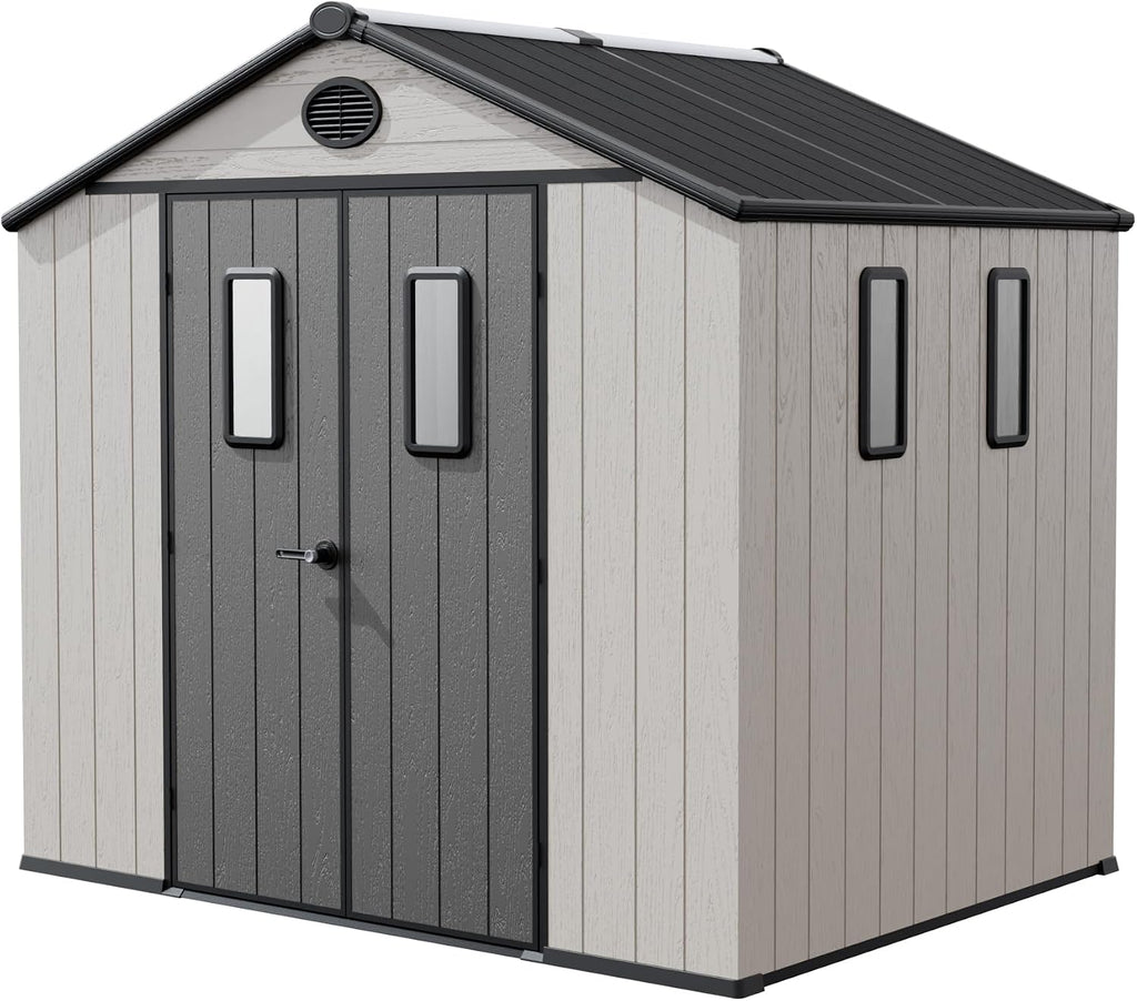 8 x 6 FT Plastic Outdoor Storage Shed with Floor,Garden Resin Shed with Window and Lockable Door, Outside Sheds for Bike, Garbage Can, Tool