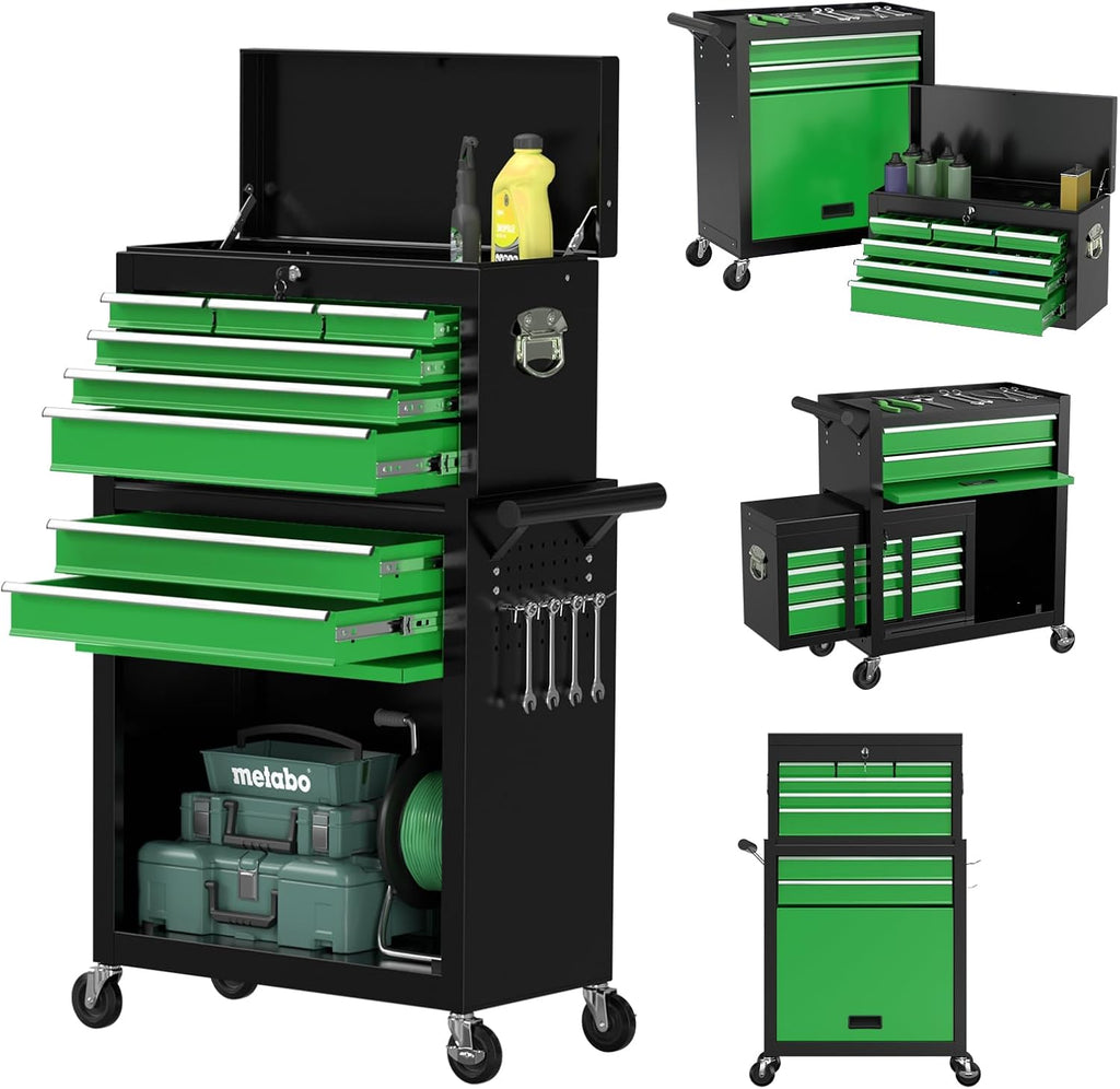 8 Drawer Tools Chest,42.9 inch Tool Cabinet with Universal Lockable Wheels，Organizable Tool Box with Detachable Top Box for Workshop，Blackgreen