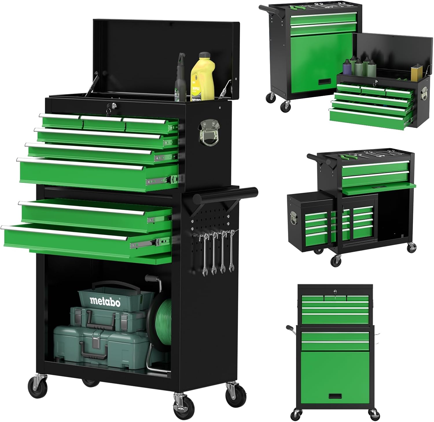 8 Drawer Tools Chest,42.9 inch Tool Cabinet with Universal Lockable Wheels，Organizable Tool Box with Detachable Top Box for Workshop，Blackgreen