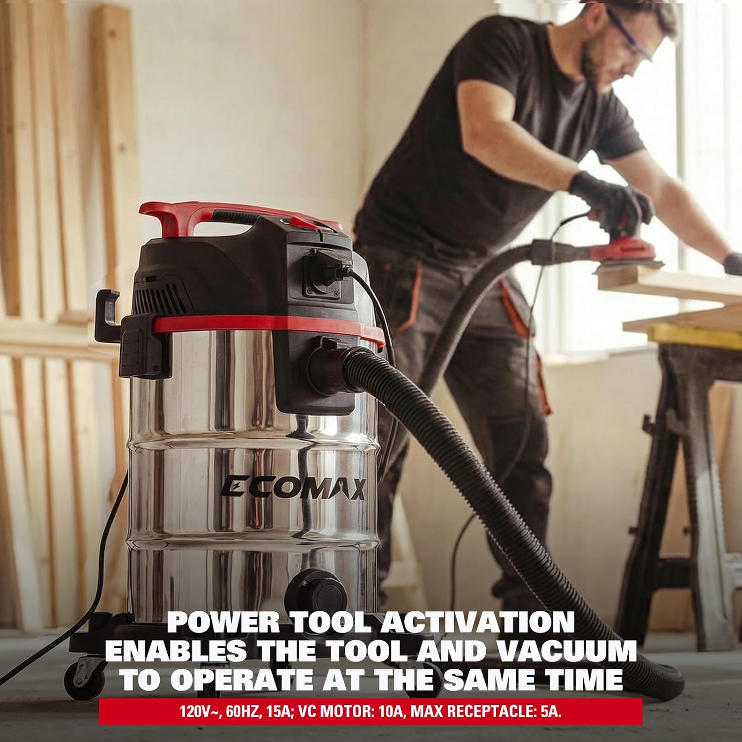 ECOMAX Dust Extractor, Shop Vac, Semi-auto Filter Clean, HEPA Filter, 8 Gallon Stainless Steel Tank 6.5 HP Wet Dry Vacuum, Anti-Static Hose, Dust-Full Indicator, for Woodworking