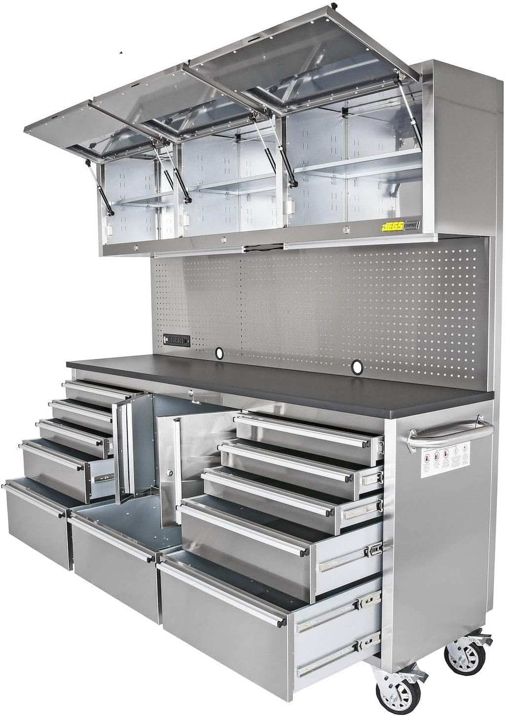 JEGS 72 in. Rolling Tool Cabinet/Toolbox. 11-Drawer with Upper Storage [Stainless Steel]