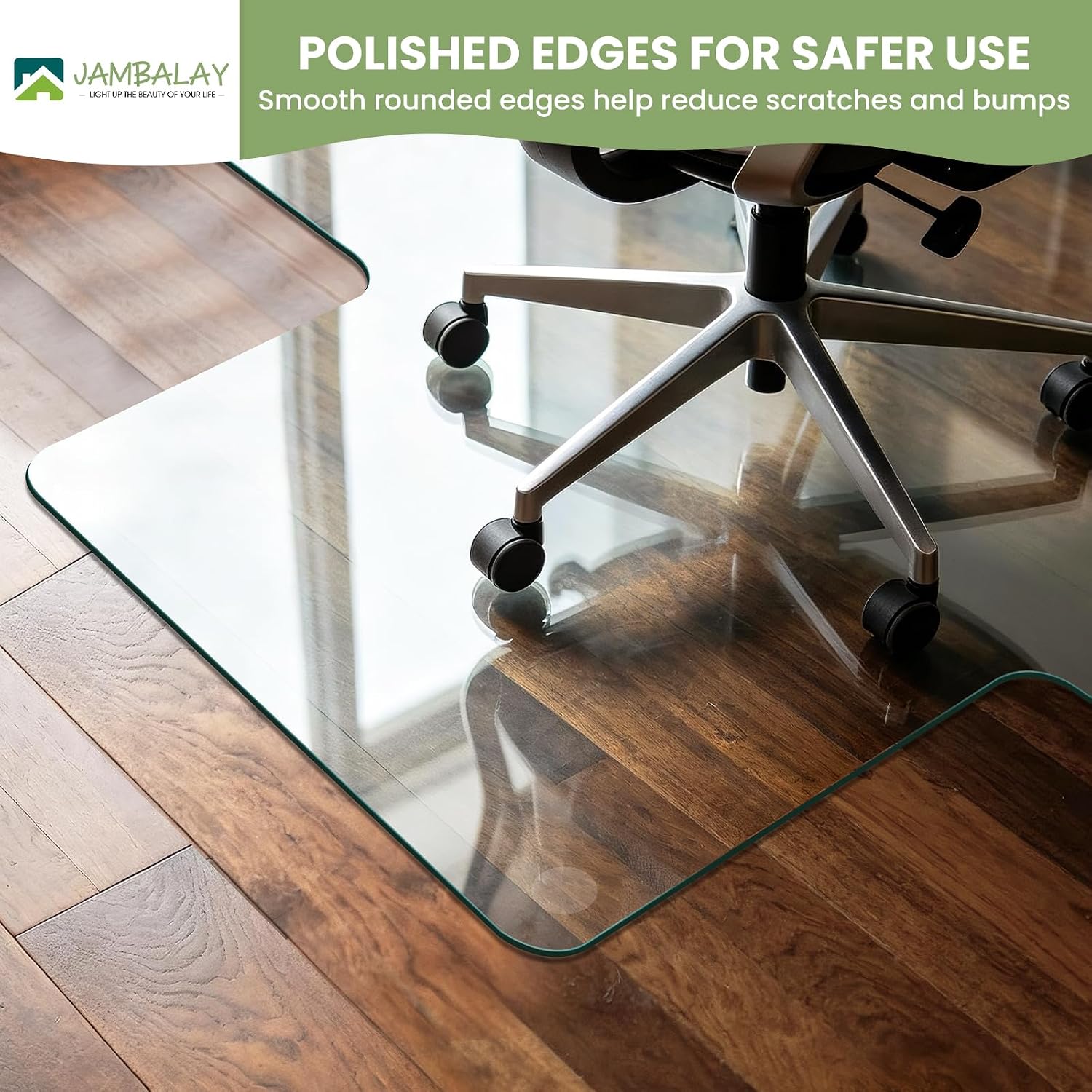 JAMBALAY Irregular Tempered Glass Chair Mat with Lip, 46'x36' Heavy Duty Glass Floor Mat for Carpet/Hard Floors, Carpet Office Chair Mats with Anti-Slip Pads, Thick 0.2″, Clear