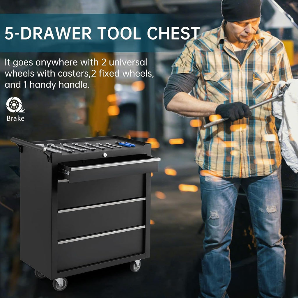 GarveeLife 4-Drawer Tool Box 24' Garage Tool Box with Key Lock and Removable Drawer Liners, Wheeled Design, Suitable for Garages, Warehouses, Workshops, and Repair Shops - Black