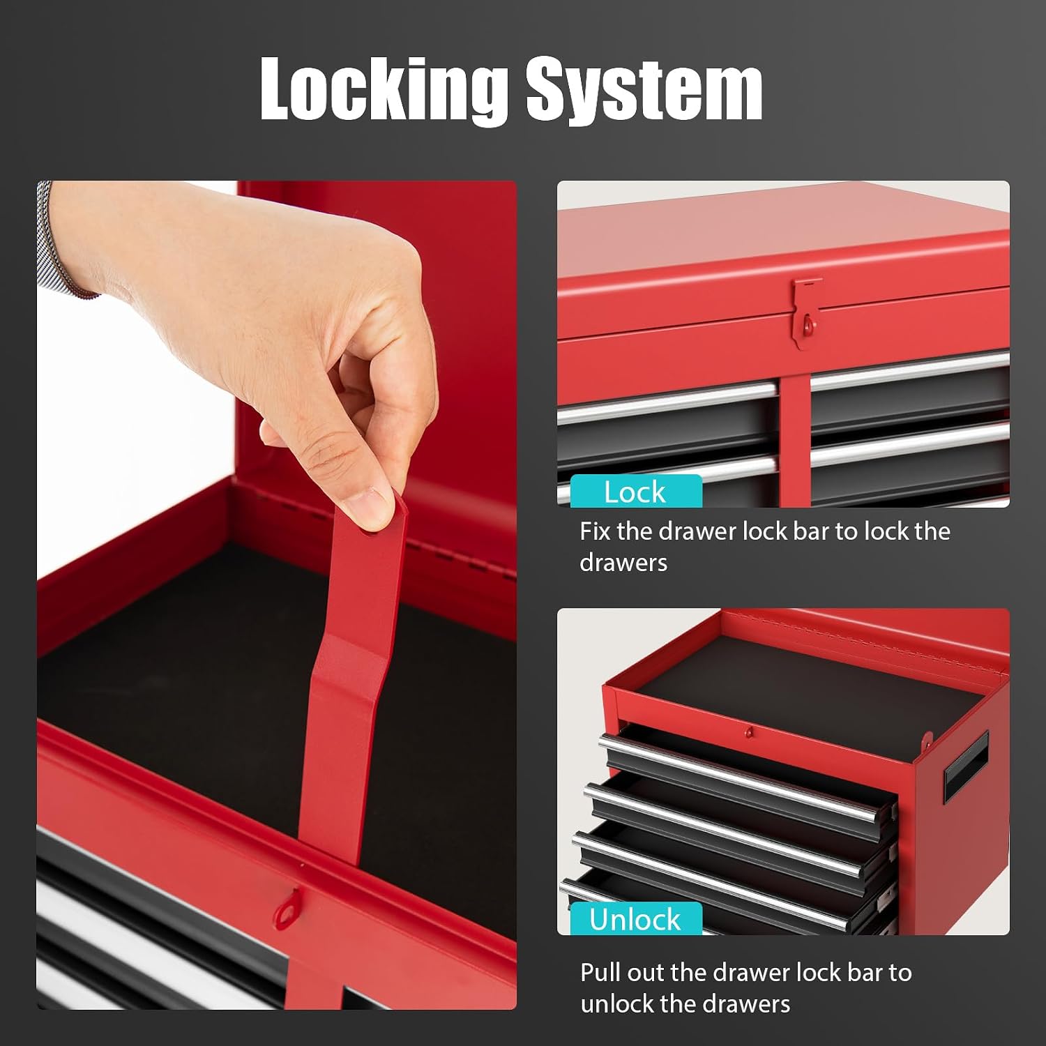 Rolling Tool Chest, 5-Drawer Tool Storage Cabinet with Wheels, Adjustable Shelf & Anti-Slip Liner, Tool Box Organizer for Garage, Warehouse & Workshop (Red+Black)