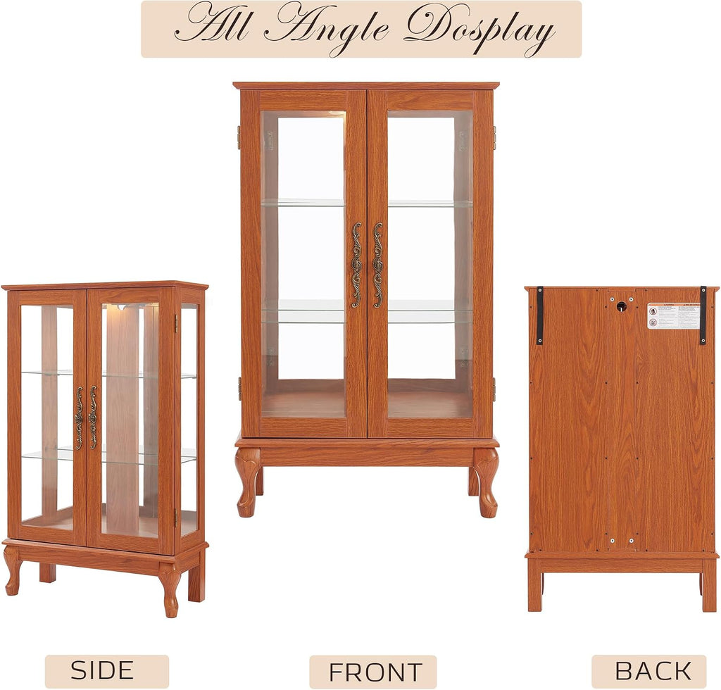 44' Small Lighted Glass Accent Curio Cabinet, Vintage China Cage with 2 Tempered Glass Doors & Adjustable Shelves, Acrylic Mirrored Pane, Elegant Wine Artwork Showcase Rack for Living Room (Dark Oak)