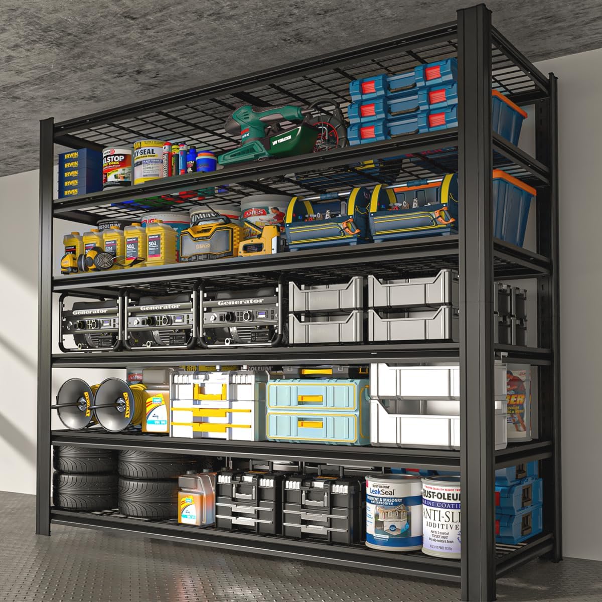 Extra Large/Big 55.12'W Father&I Industrial 6-Heavy-Dudy-Shelf-Rack Utility Tall Garage/Warehouse Shelving Metal/Steel Storage Shelves Unit/System Adjustable for Bin/Shed, 84'*55.12*24', Black