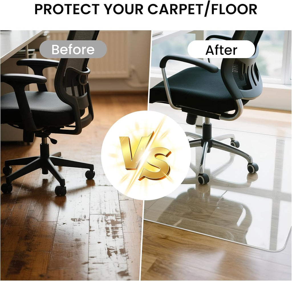 Tempered Glass Chair Mat, 55' x 46' Glass Office Chair Mat, 1/5' Thick Clear Floor Mat with Anti-Slip Pads, Heavy Duty Glass Mat for Carpeted and Hard Floor