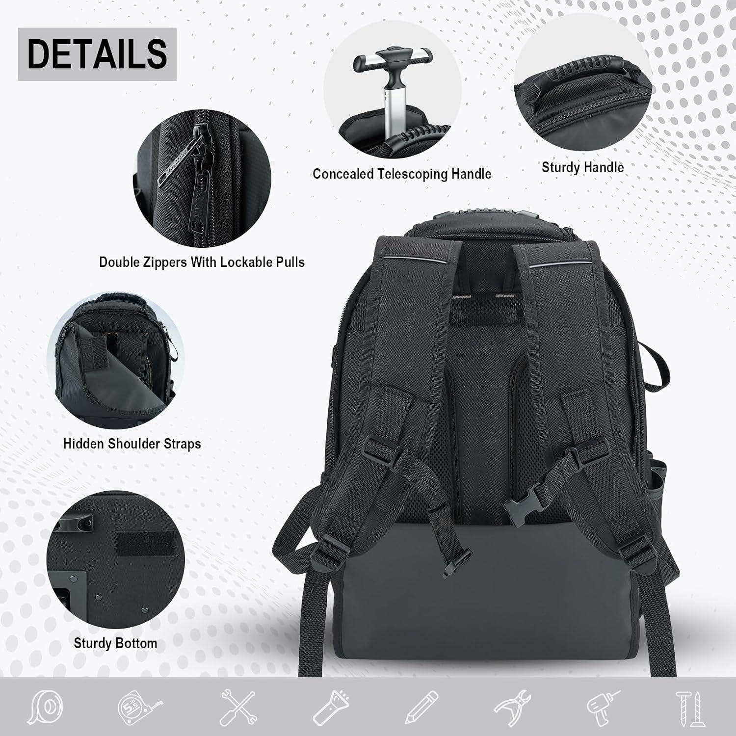 KUNN Rolling Tool Backpack with Wheels, Heavy Duty Waterproof Wheeled Tool Bag, 47 Pockets & Loops Work Backpack for Electrician Construction HVAC, Black