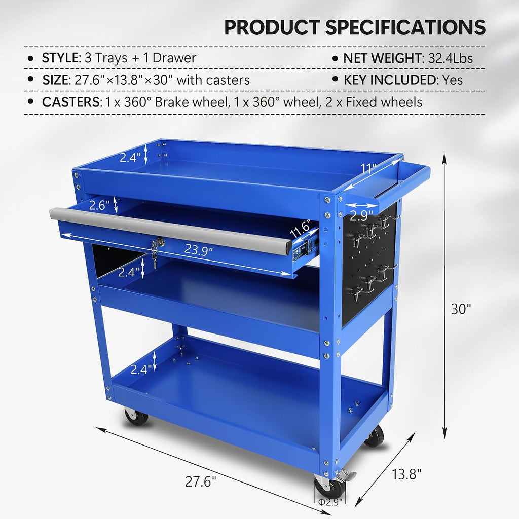 Rolling Tool Cart, Premium 1-Drawer Utility Cart, Heavy Duty Industrial Storage Organizer Mechanic Service Cart with Wheels and Locking System