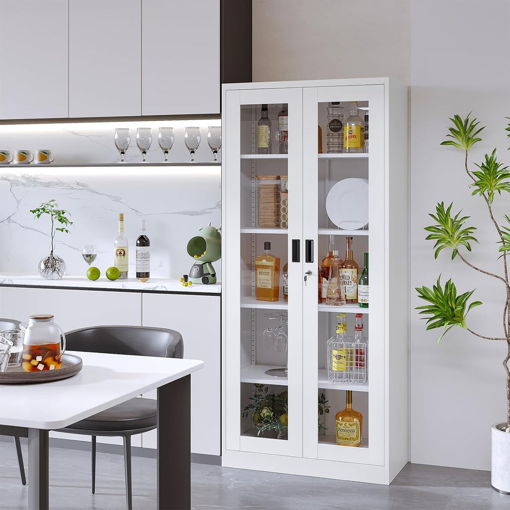 Glass Display Cabinet With Doors, 71' Curio Case for Collectibles, 4 Adjustable Shelves for Home Living Room (White)