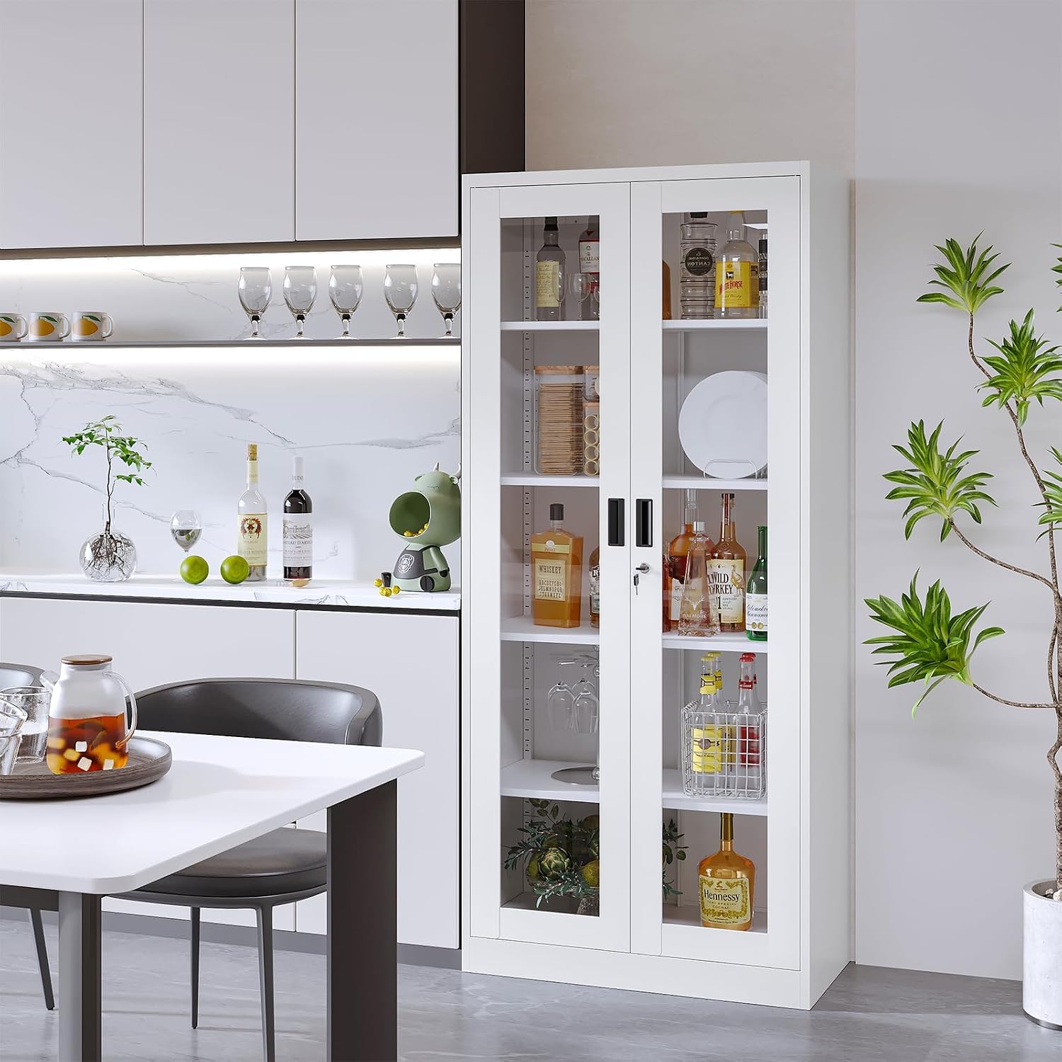 Glass Display Cabinet With Doors, 71' Curio Case for Collectibles, 4 Adjustable Shelves for Home Living Room (White)