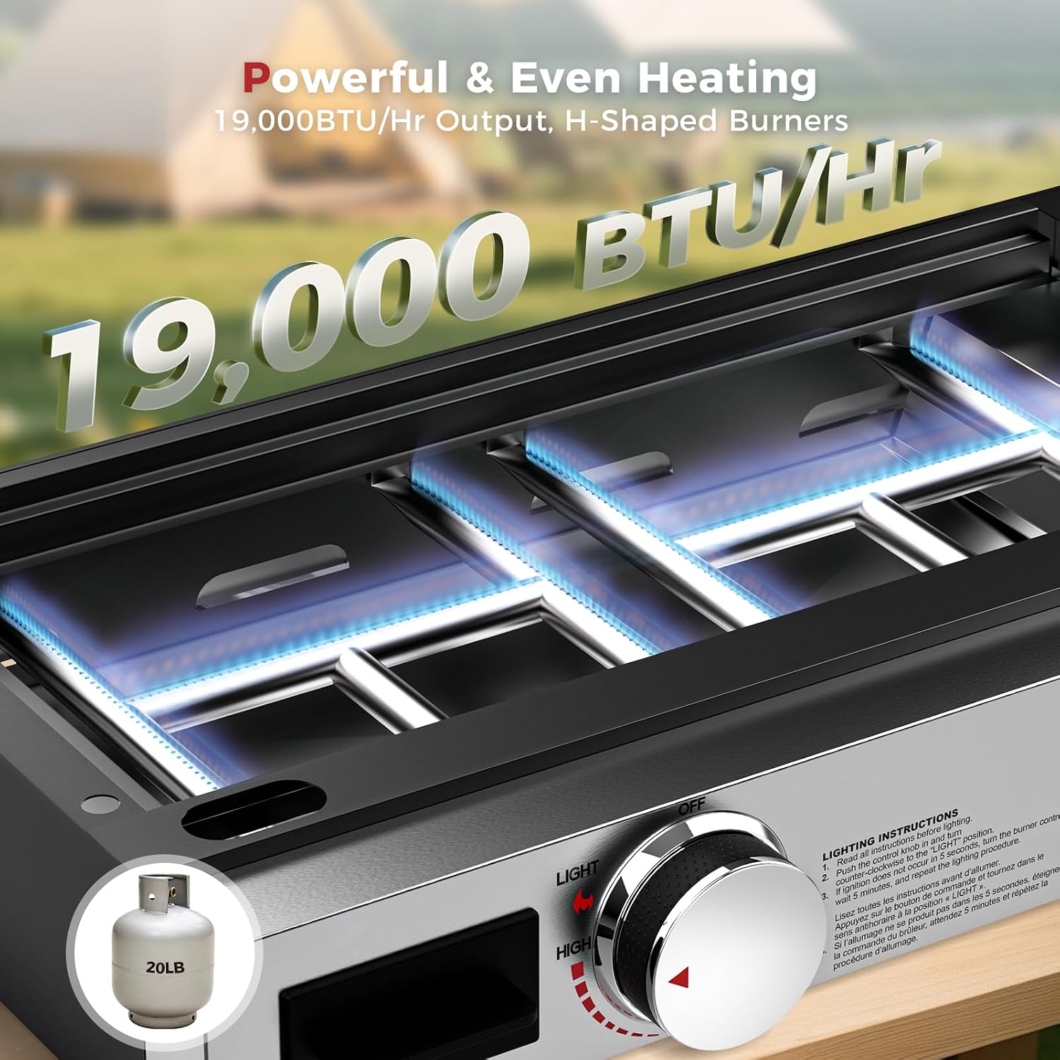CAMPLUX Propane Tabletop Grill Griddle 2-in-1, Non-Stick Flat Top Griddle with Ceramic Coated 19,000 BTU, 23-Inch Gas Grill for RV, Camping, Tailgating, and Outdoor GG302S
