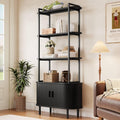 5 Tier Tall Bookshelf with Cabinet, Fluted Bookcase with Sliding Door, Metal and Wood Display Shelf, Free Standing Storage Shelving Unit, Corner Storage Organizer for Living Room, Home Office, Black