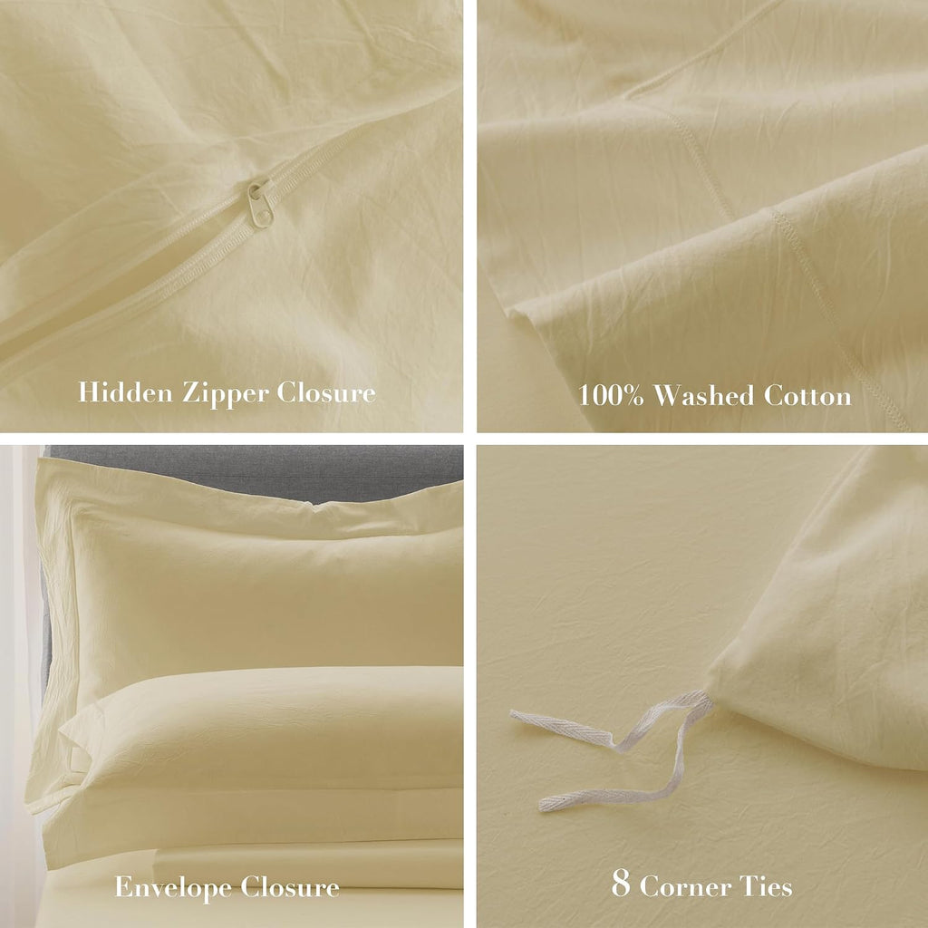 Cooling Duvet Cover Set 3 Pieces-100% Washed Cotton with Chic Wide Trim Design Linen Like Textured Ultra Soft Cozy Bedding with Zipper Closure(Hemmed Pale Yellow,Oversized King 120'x98')