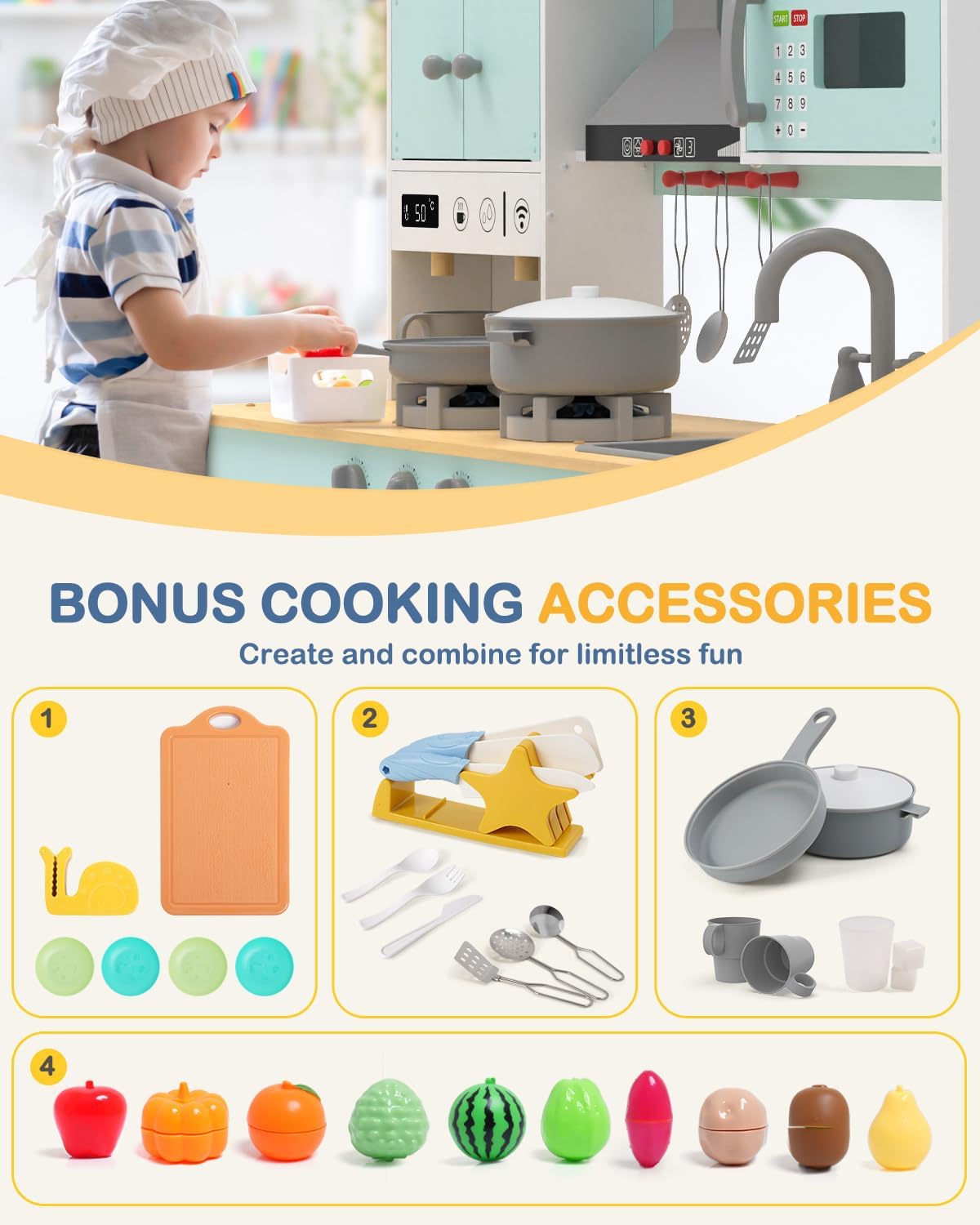 Babytronic Wooden Play Kitchen Set, Pretend Play Kitchen with Lights and Sounds for Kids Ages 3+, Includes Stove, Oven, Microwave, Coffee Maker, and Accessories, Toy Kitchen Set for Toddlers (Blue)