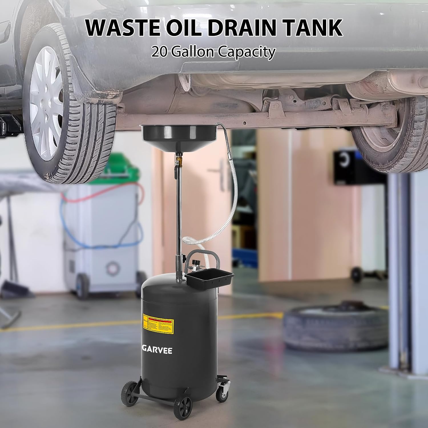 Garvee 20 Gallon Waste Oil Drain Tank, Portable Oil Drain Container, Air Operated Drainer, Fluid Fuel Transfer Drainage, Adjustable Funnel Height with Wheel &15'' Premium Bowl and a Toolbox