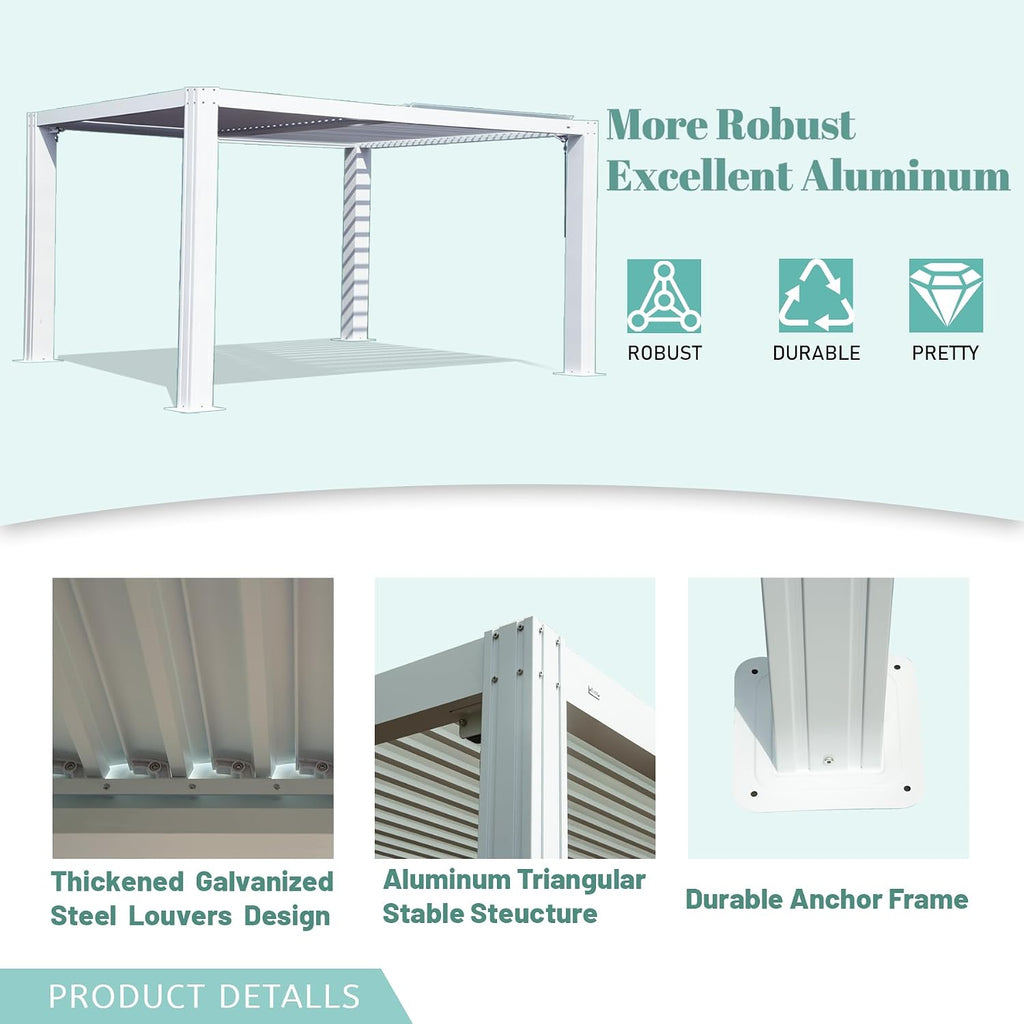 Domi 10x13FT Louvered Pergola Aluminum Structure Outdoor Pergola with Adjustable Roof Patio Pergola for Backyard Garden, White