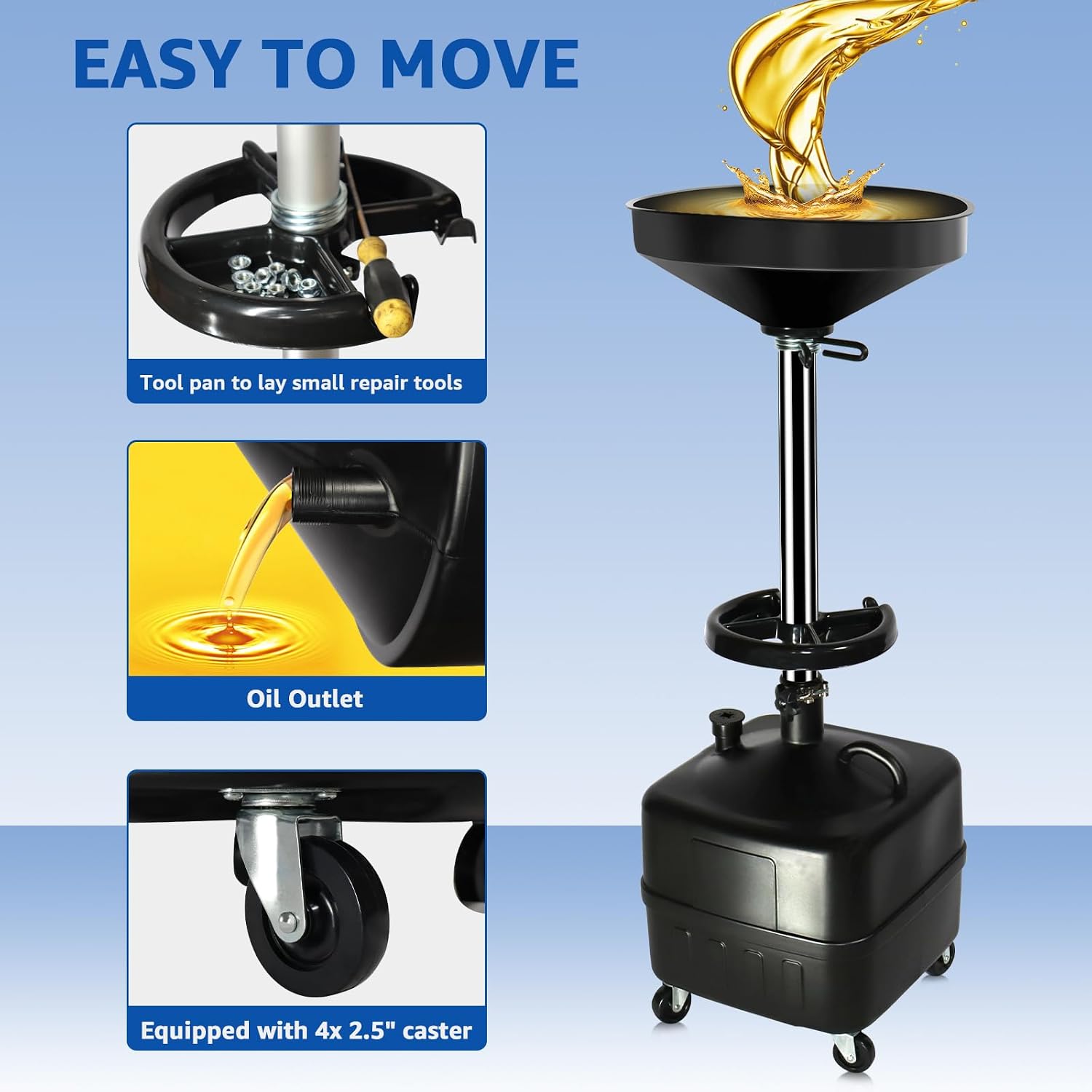 HKTE 9-Gallon Waste Oil Drainer, Adjustable Height (27'–68') with Spring Clamp, 17' Funnel, Mobile Oil Drain Pan with Heavy-Duty Casters, Tool Tray, Oil Filtration Screen, for Cars, Trucks, SUVs