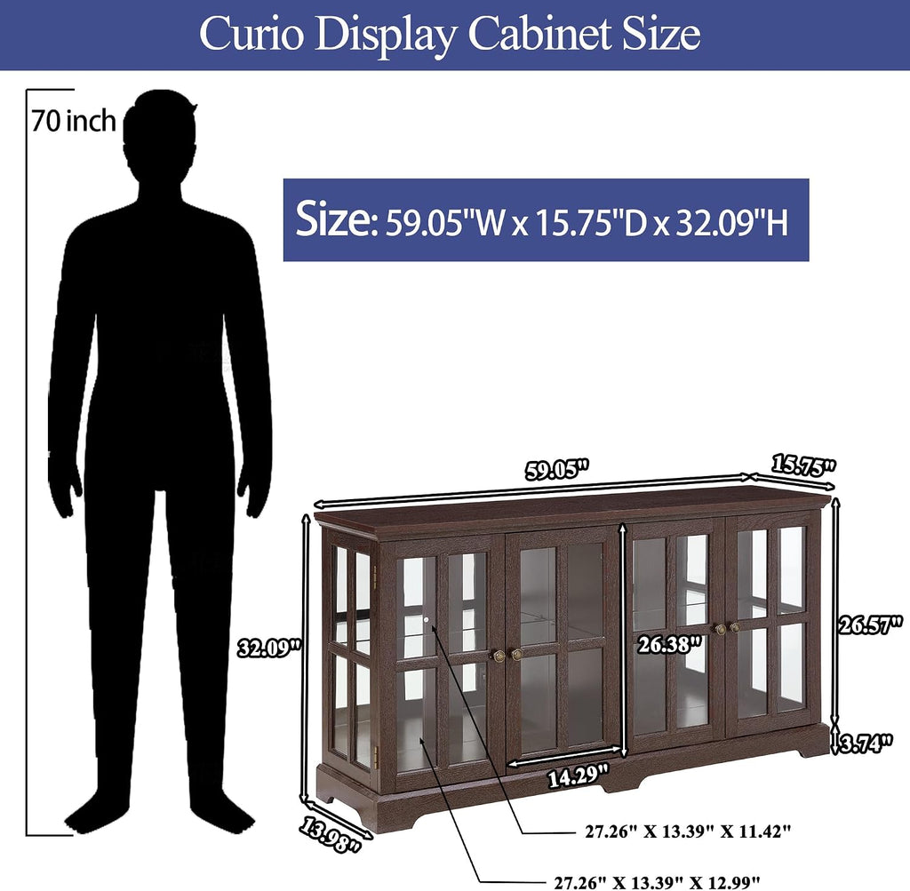 4 Door Curio Display Cabinet w/LED Light & Adjustable Shelves,59' Multipurpose Tableware Display Sideboard w/Mirrored Back Pane,Glass Storage TV Stand for Kitchen & Living Room (Cherry)