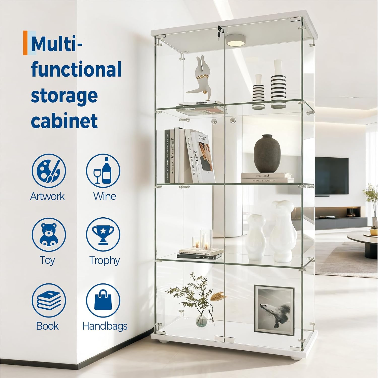4-Tier 64.6h' Tempered Glass Display Cabinet (White) - Full-Glass Curio Case with 13-Color LED Lights & Human Body Sensor, 17.6LBS/Layer Capacity, Quick-Install Storage for Collectibles & Decor
