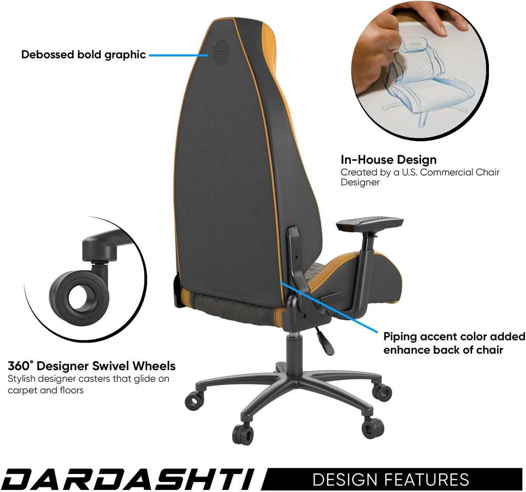 Atlantic Dardashti Gaming Chair - Commercial Grade, BIFMA X5.1 Tested, Next-Gen Ergonomic, Race Car Inspired Black with Golden Yellow Accents, PN78050358 (78050358)