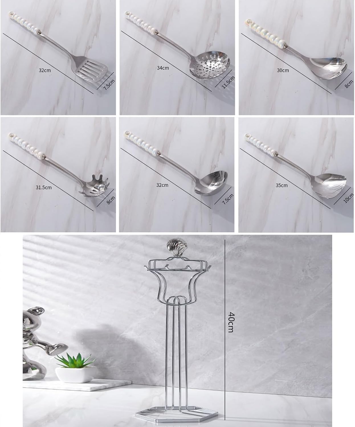 Kitchen Cooking Utensils Set Stainless Steel with Holder 7 Pcs High-Grade Metal Kitchenware Set Utensils with Heat Resistant Ceramic Handle BPA Free Dishwasher Safe, Silver