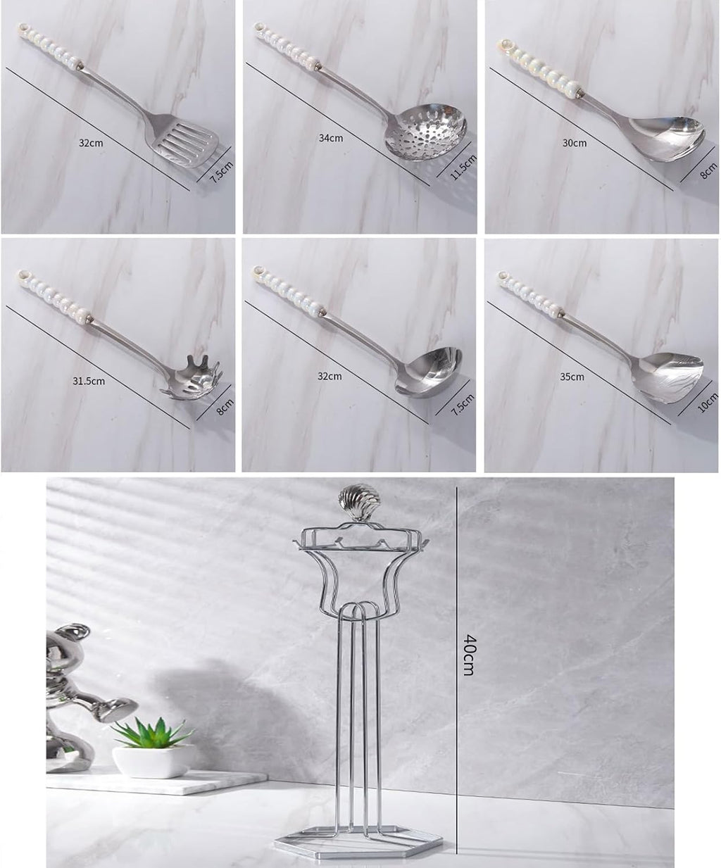 Kitchen Cooking Utensils Set Stainless Steel with Holder 7 Pcs High-Grade Metal Kitchenware Set Utensils with Heat Resistant Ceramic Handle BPA Free Dishwasher Safe,Gold