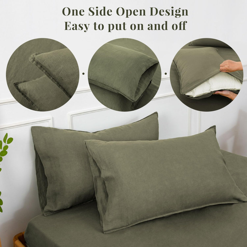 S VICTORY SYMBOL 100% Organic Linen Sheets Set Queen Size,Washed French Flax Bed Sheets 4Pcs(2 Pillowcases,1 Fitted Sheet,1 Flat Sheet) Burnt Olive