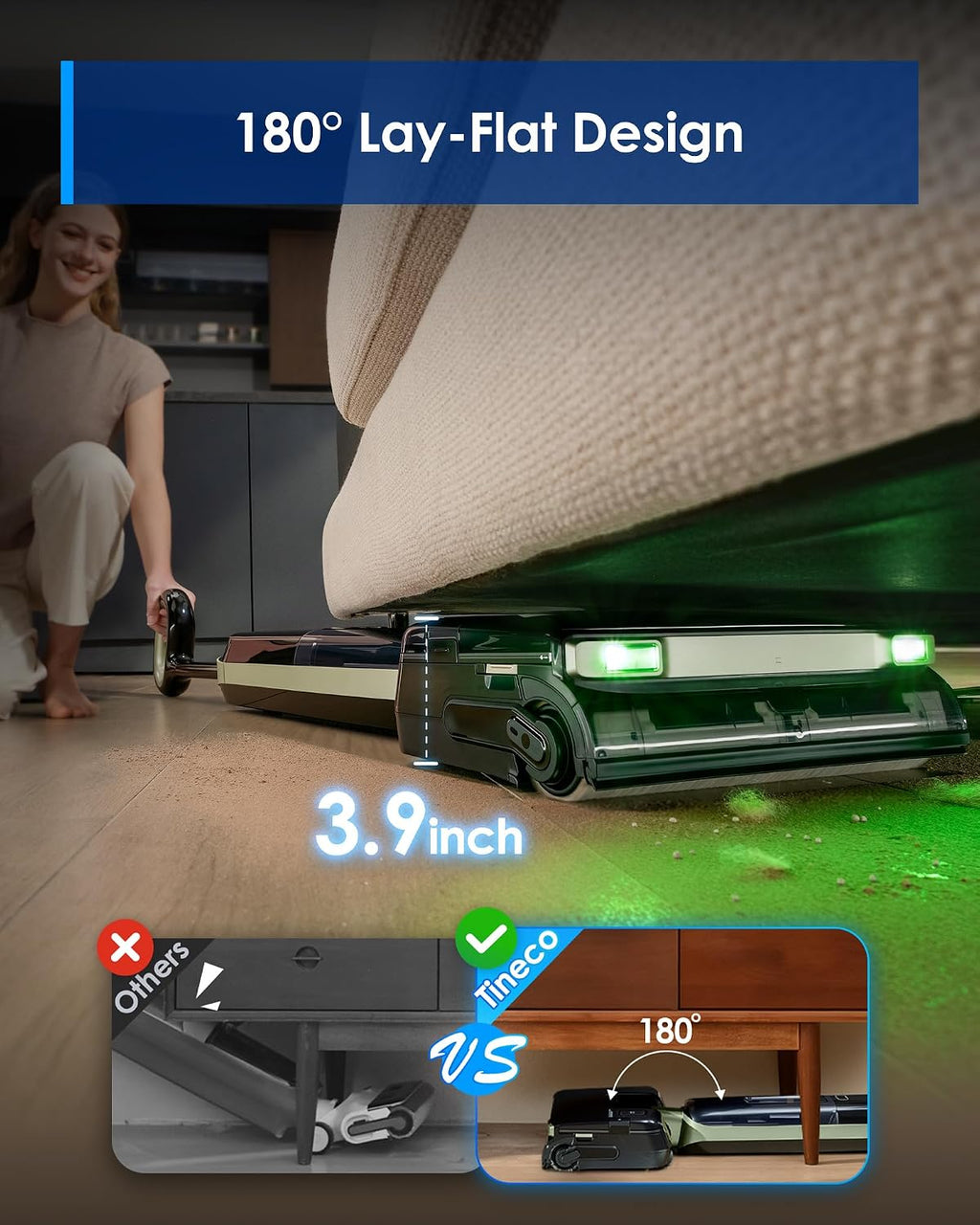 Tineco Floor ONE S7 Master Wet Dry Vacuum Cleaner, 23kPa Suction Vacuum Mop with DustReveal Green Headlight, 65 Min Runtime, 185°F Flashdry, 3.9inch Ultra-Slim Stretch Mop