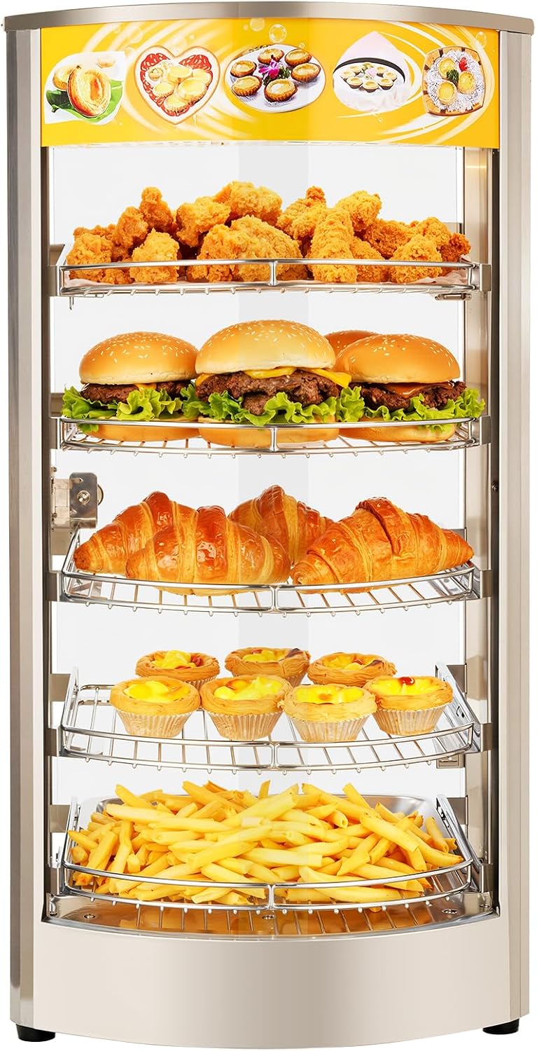 VEVOR 5-Tier Commercial Food Warmer Display, 800W Food Display Warmer with LED Light, Adjustable Shelf and Stainless Steel Frame, 86℉~185℉ Air Heating, 60L for Hamburger, Pizza, Bread, Fried Chicken