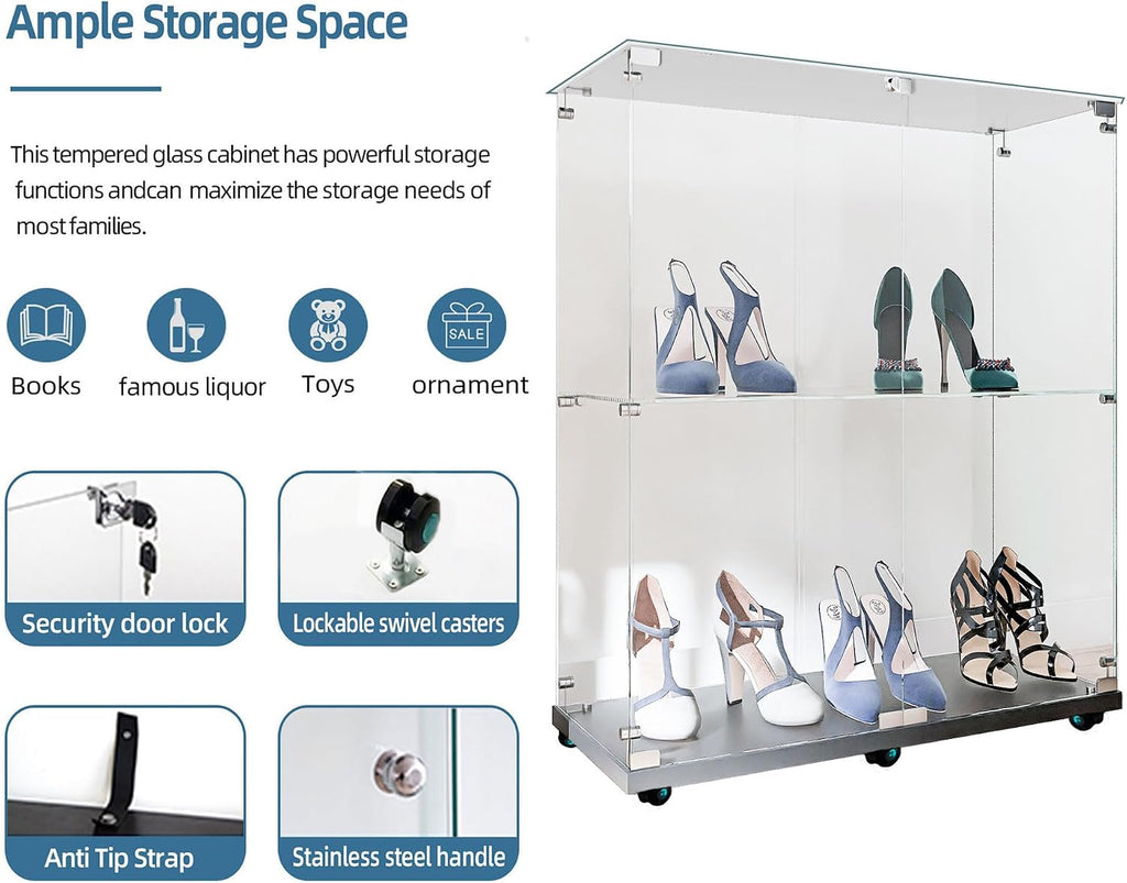 34.17' Tall Tempered Glass Display Cabinet with LED Lights&Rolling Wheels, Curio Cabinet with 2 Shelves with 2 Door, Quick-Install Style Floor Standing Bookshelf File Cabinet for Living Room Office