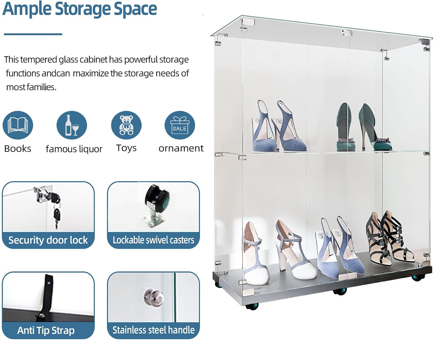 34.17' Tall Tempered Glass Display Cabinet with LED Lights&Rolling Wheels, Curio Cabinet with 2 Shelves with 2 Door, Quick-Install Style Floor Standing Bookshelf File Cabinet for Living Room Office