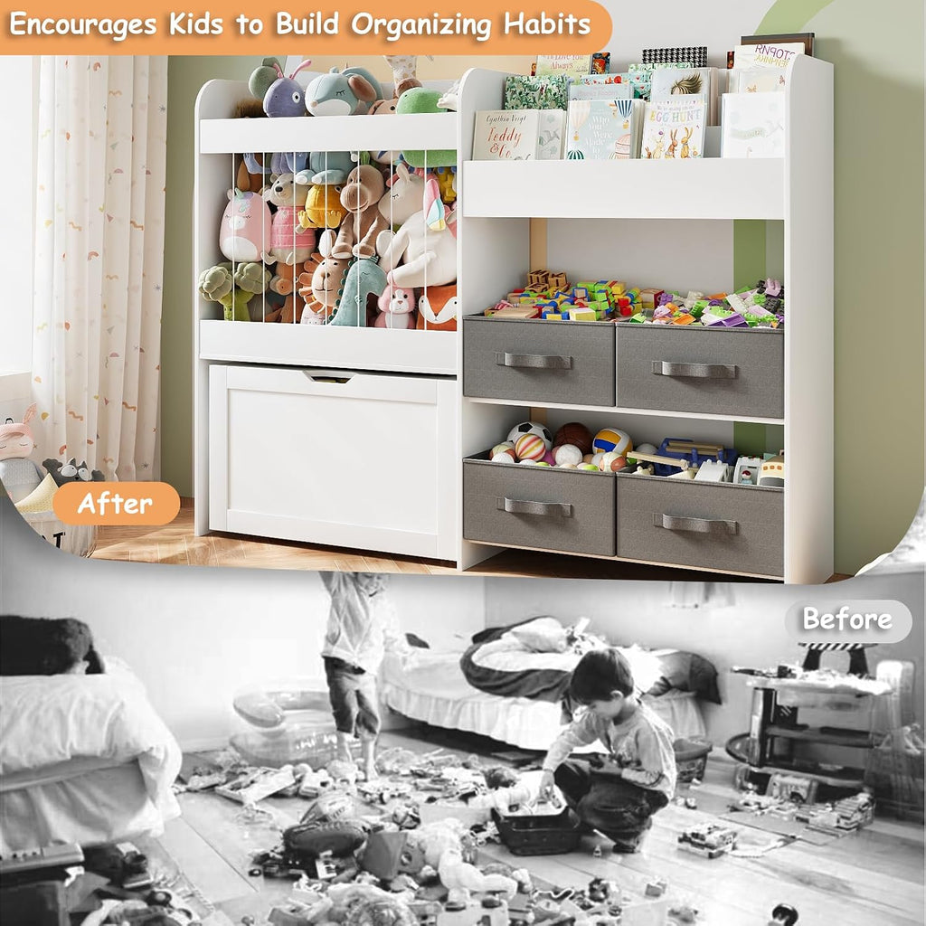 51.1' W Large Toy Storage Organizer with Stuffed Animal Storage, Kids Bookshelf with 4 Removable Toy Bins, Movable Toy Box with Buildable Baseplate Lid for Lego Bricks, Ideal for Kids Room Playroom