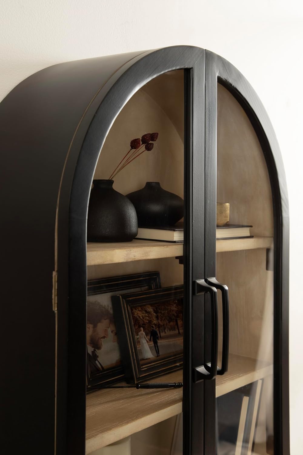 Kate and Laurel Arcott Modern Arch Wall Cabinet; 21 x 8 x 30; Natural Wood and Black; Transitional Arched Cabinet for Use as Over-the-Toilet Storage or Living Room Storage Cabinet