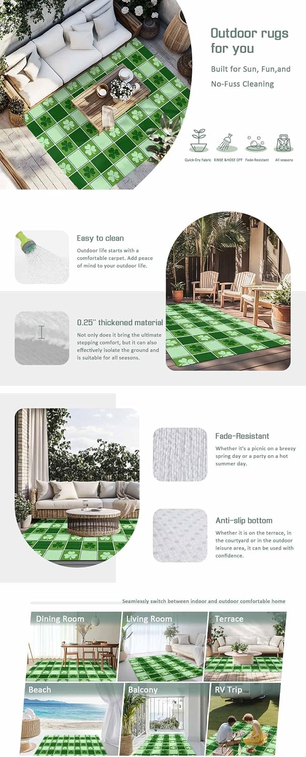 Outdoor Rug 4x6ft St. Patrick's Day Geometric Plaid Shamrocks Leaf Patio Area Rugs Waterproof Easy Cleaning Non Shedding Thick Mats Green Carpet for Indoor Outdoor Porch Deck Backyard Balcony