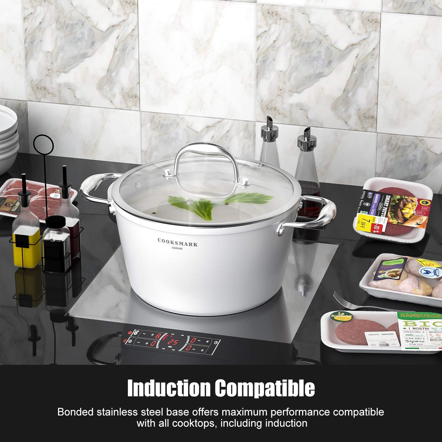 Nonstick Ceramic Cookware Set, Induction & Dishwasher Safe Scratch-Resistant Pots and Pans Set with Glass Lids 10 Pieces, White