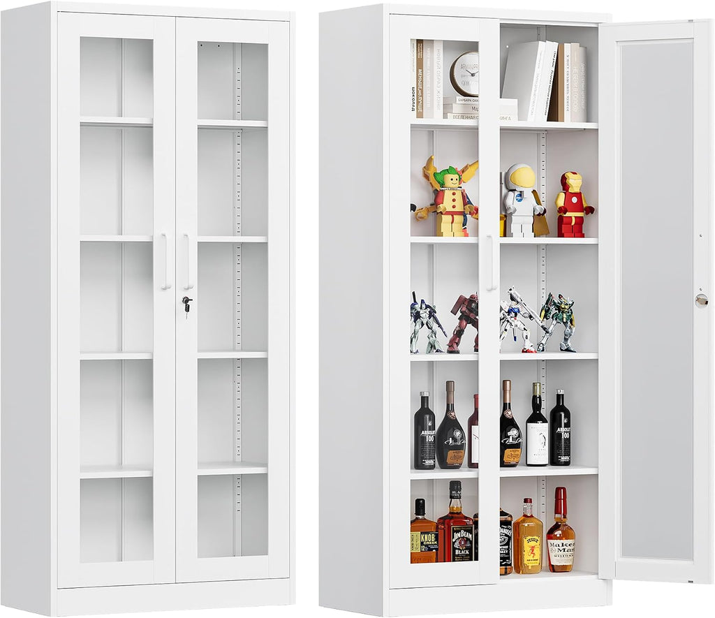 Glass Display Cabinet With Doors, 71' Curio Case for Collectibles, 4 Adjustable Shelves for Home Living Room (White)