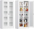 Glass Display Cabinet With Doors, 71' Curio Case for Collectibles, 4 Adjustable Shelves for Home Living Room (White)