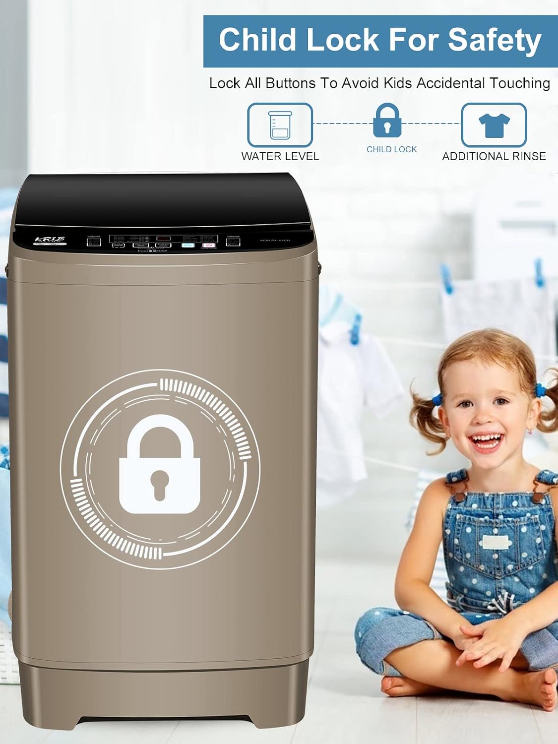Full-Automatic Washing Machine 17.7 lbs Small Compact Portable 10 Wash Program & 8 Water Level Compact Washer with LED Display Ideal for Apartments, RV, Camping, Gold
