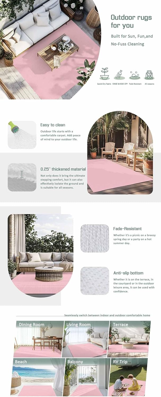 Outdoor Rug 4x6ft Pure Color Pink Patio Area Rugs Waterproof Easy Cleaning Non Shedding Thick Mats Monochrome Carpet for Indoor Outdoor Porch Deck Backyard Balcony