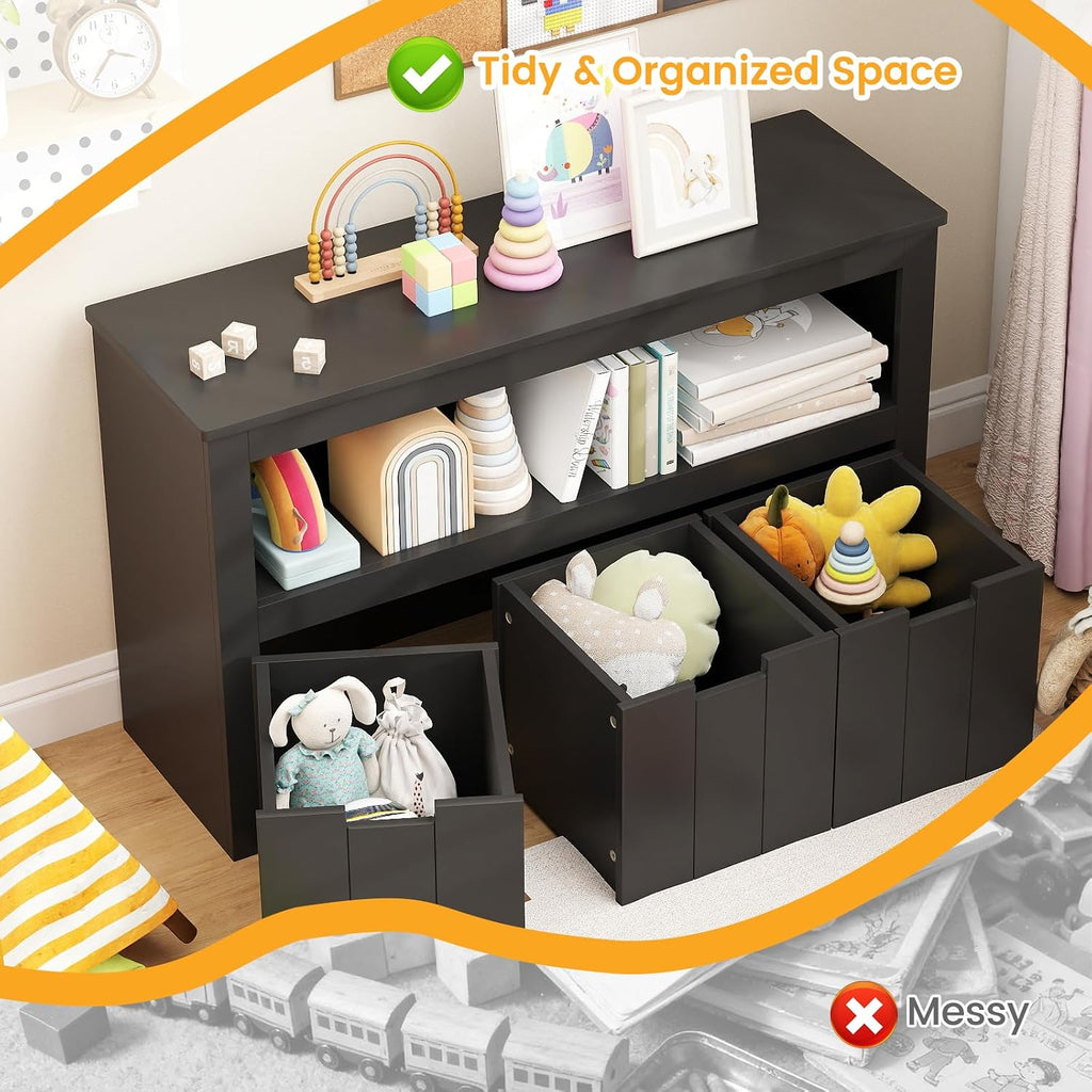 HONEY JOY Kids Toy Storage Organizer, Children Daycare Shelf, 3 Wooden Toy Box w/Wheels, Toddler Classroom Display Cabinet for Playroom, Nursery, Kindergarten (Black)