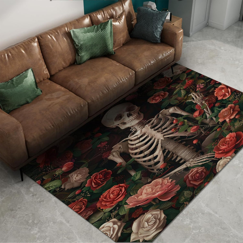 Skull and Flowers Area Rug 4'x8' - Rose Garden Doormat for Living Room Modern Floral Easy 4'x8' -Cleaning Carpet for Sofa Coffee Tables