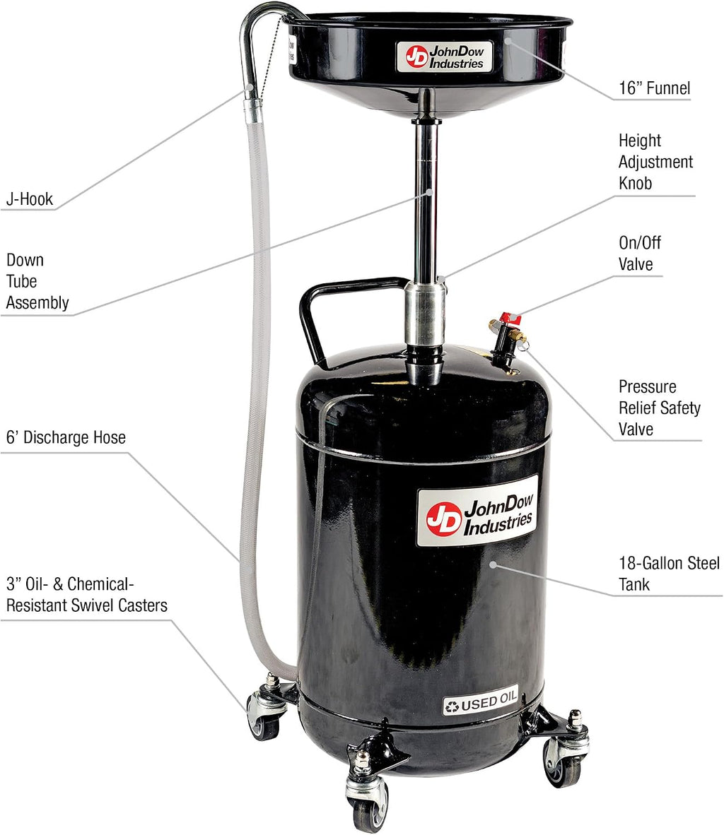JohnDow Industries JDI-18DC 18-Gallon Self-Evacuating Portable Oil Drain with Auto-Check Technology, Adjustable 36-59' Height, 16' Funnel & 6' Hose – Heavy-Duty Waste Oil Drain for Auto Shops